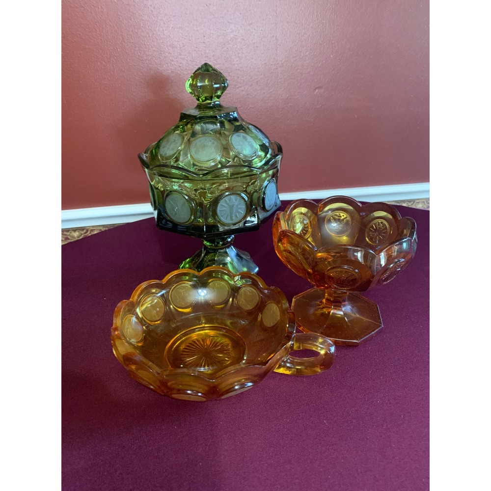 Fostoria Coin Glass Set Green Amber Vintage Retro Y2K Mid Century Rare 3pc - Picture 11 of 11